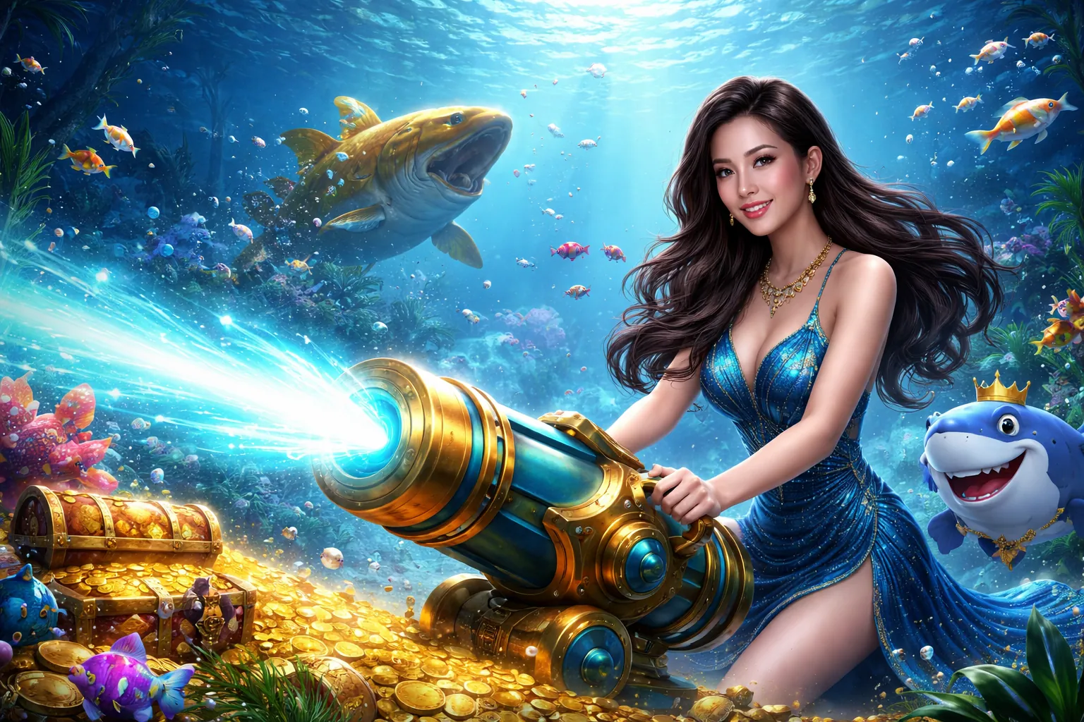 Hình ảnh game bắn cá sống động tại JUN886, với các loài cá và hiệu ứng súng bắn